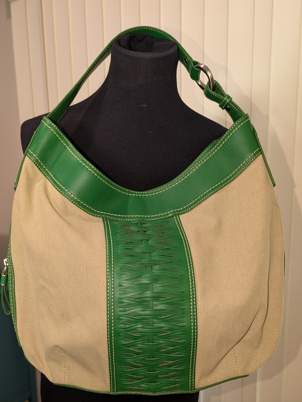 Cole Haan Natural Canvas And Kelly Green Leather Shoulder Bag
